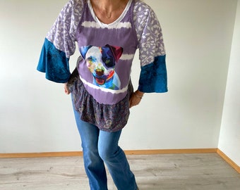 Colorful Shirt Funky Tunic Women's Dog Top Upcycled Recycled Zero Waste Long Tunic Wide Flare Sleeves Hippie Clothing M L 'SYBIL'