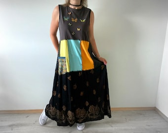 Women's Boho Dress UpCycled Clothing Bohemian Maxi Dress Stretch Jersey Festival Wear Butterfly Dress Hippie Fashion XL 1X 'GIGI'