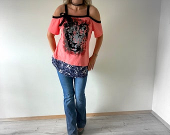 Tiger Tunika Schulterfrei Top Korall Pfirsich Farbe Lose Sitzendes Shirt Dehnbares Baumwoll Top Boho Kleidung Upcycling M L XL 'NADIA'