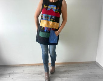 Colorful Tunic Women's Stretch Top Streetwear Style Cotton Tunic Recycle Upcycle Extra Long Top London Britain M L 'LAINEY'