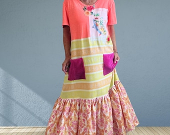 Boho Maxi Dress Loose Beachy Summer Dress Upcycled Clothes Hippie Chic Style Bohemian Long Dress T-Shirt Dress L XL 1X  'ELISE'