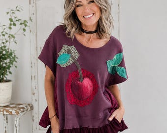 Hand-Painted Cherry Tunic Upcycled Sweatshirt, Boho Art to Wear Top L XL 1X 2X 'RACHEL'