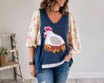 Women's Chicken Shirt Upcycled Oversize Boho Top Whimsical Clothing Puffy Sleeve Top L XL 1X 2X 'HANNAH'