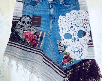 Upcycled Denim Skirt: Boho Fringe, Lace & Skull - Size M/L 'CHARLIE'