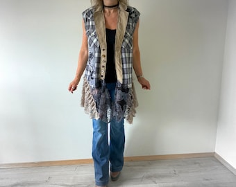 Rustic Plaid Tunic Upcycled Fashion Boho Clothing Shabby Chic Shirt Country Clothes Women's Duster Vest Layering Piece L XL 1X 'DIONNE'