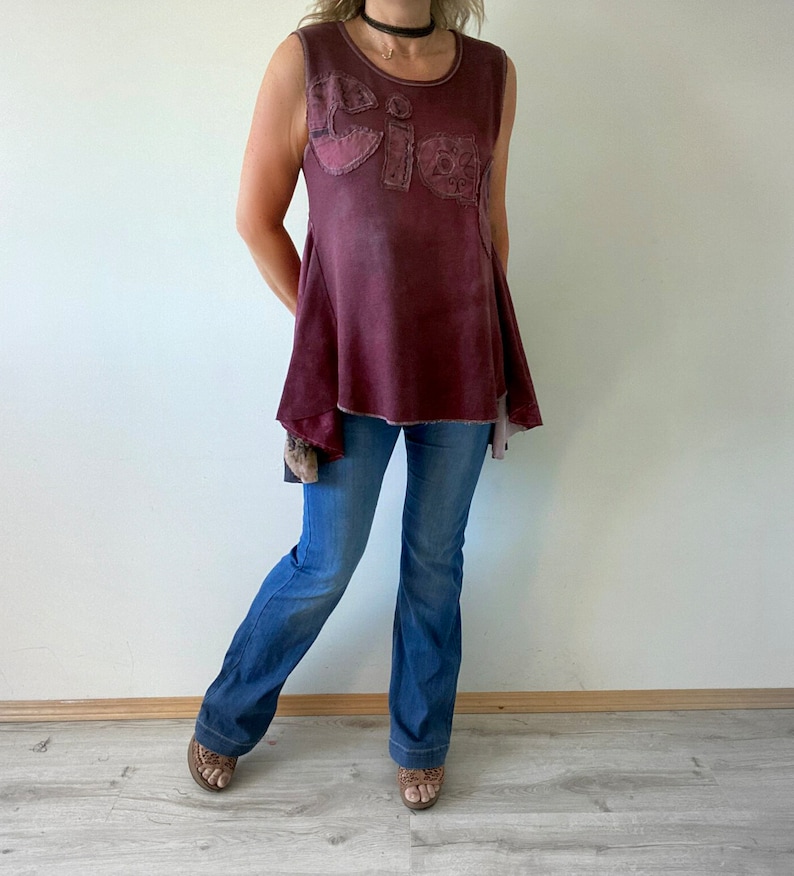 Upcycled Top Ciao Shirt Boho Women's Wear Burgundy Waffle Cotton Peplum Tank Rustic Shabby Style Sleeveless Tunic M L XL 'ROSIE' image 6