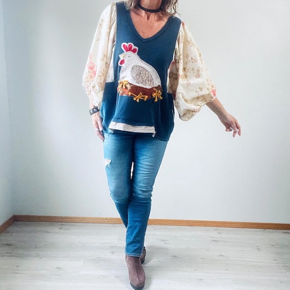 Chicken Applique Top, Oversize Boho Shirt, Fun Whimsical Clothing, Puffy Sleeve Top, Hippie Tunic, One of a Kind Shirt L XL 1X 2X 'HANNAH'