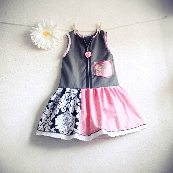 Pink Toddler Dress 5T Gray Jumper Girl's Upcycled Clothing Children's Clothes Eco Friendly Black and White Damask 'TILLY'