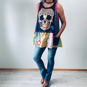 Upcycled Plus Size Sugar Skull Tunic Colorful Boho Top Women's Swing Tank Patchwork Clothing 1X 2X 3X 'EDEN' image 2
