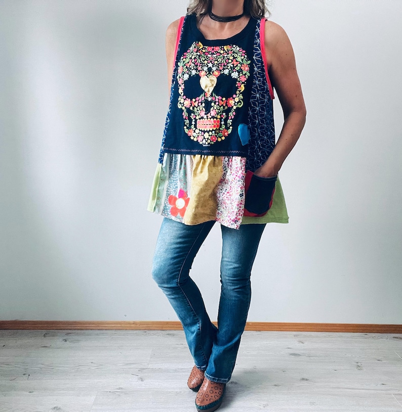 Upcycled Plus Size Sugar Skull Tunic Colorful Boho Top Women's Swing Tank Patchwork Clothing 1X 2X 3X 'EDEN' image 2