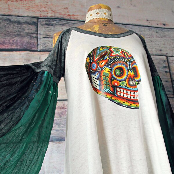 Sugar Skull Shirt White Tunic Wearable Art Top Upcycle Eco Clothing Flare Bell Sleeves Rocker Chic Women's Boho Clothes M L 'BRENNA'