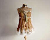 Tan Brown Boho Chic Shirt Spaghetti Strap Top Fairy Clothing Shabby Camisole Beaded Blouse Tattered Clothes Woodland Ladies Wear M 'ELLA'