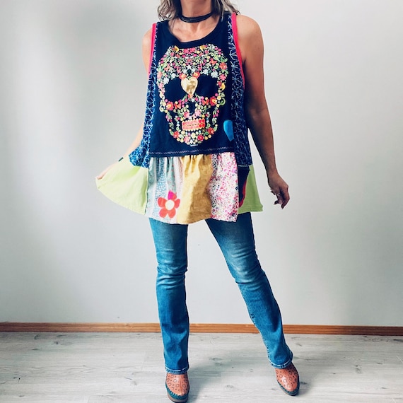 Upcycled Plus Size Sugar Skull Tunic Colorful Boho Top Women's Swing Tank Patchwork Clothing 1X 2X 3X 'EDEN'