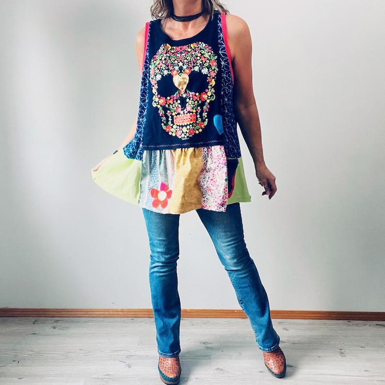 Upcycled Plus Size Sugar Skull Tunic Colorful Boho Top Women's Swing Tank Patchwork Clothing 1X 2X 3X 'EDEN' image 1
