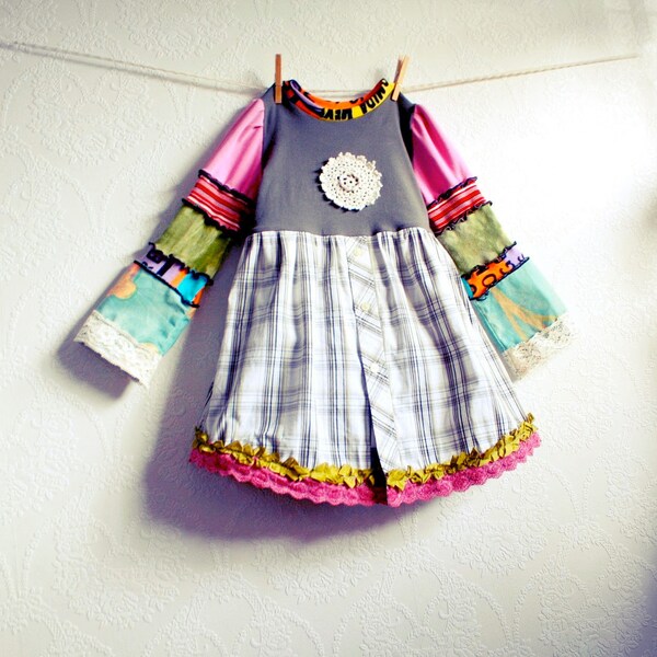 Girl's Bohemian Babydoll Top 10 11 Upcycled Children's Tween Clothing Hippie Plaid Peasant Bell Sleeves 'NOELLE'