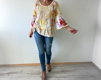Bell Sleeve Top Rustic Boho Shirt Up Cycle Clothing Sustainable Clothes Lace Tunic Shabby Chic Fashion L XL 'DELPHINE'