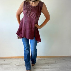 Upcycled Top Ciao Shirt Boho Women's Wear Burgundy Waffle Cotton Peplum Tank Rustic Shabby Style Sleeveless Tunic M L XL 'ROSIE' image 1