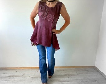 Upcycled Top Ciao Shirt Boho Women's Wear Burgundy Waffle Cotton Peplum Tank Rustic Shabby Style Sleeveless Tunic M L XL 'ROSIE'