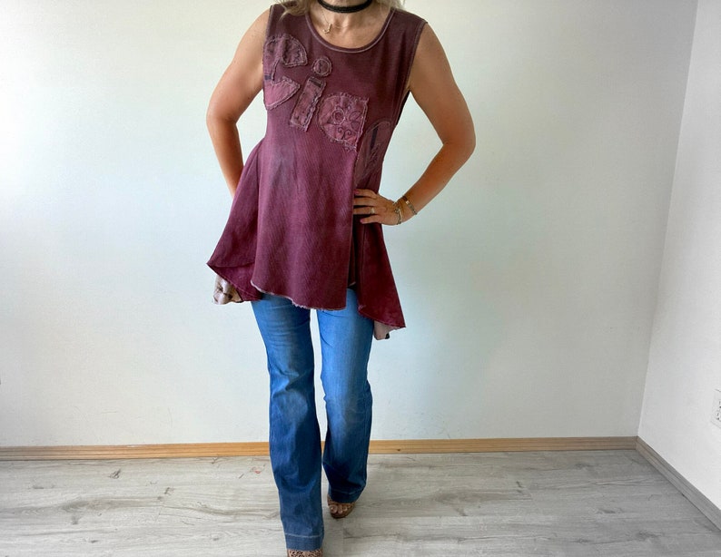 Upcycled Top Ciao Shirt Boho Women's Wear Burgundy Waffle Cotton Peplum Tank Rustic Shabby Style Sleeveless Tunic M L XL 'ROSIE' image 1