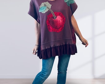 Hand-Painted Cherry Tunic Upcycled Sweatshirt Art to Wear Wearable Art Top Oversize Boho Tunic L-2X 'RACHEL'