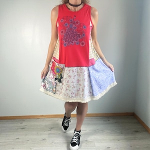 Upcycled Patchwork Trapezkleid: Boho Hippie Sommerkleid, L/XL