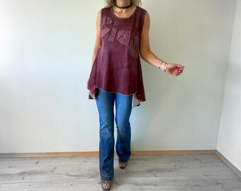 Upcycled Top Ciao Shirt Boho Women's Wear Burgundy Waffle Cotton Peplum Tank Rustic Shabby Style Sleeveless Tunic M L XL 'ROSIE'