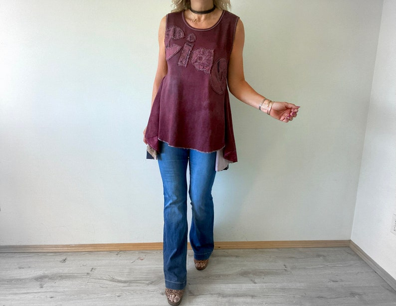 Upcycled Top Ciao Shirt Boho Women's Wear Burgundy Waffle Cotton Peplum Tank Rustic Shabby Style Sleeveless Tunic M L XL 'ROSIE' image 7