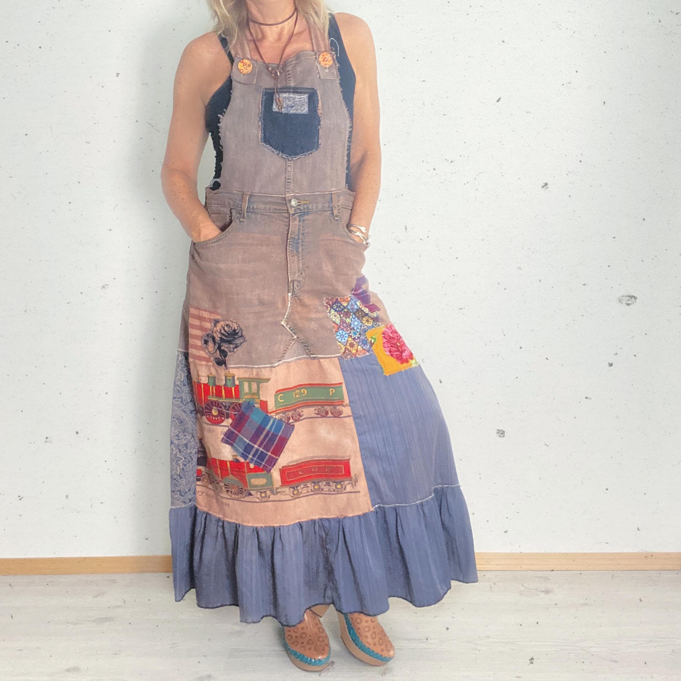Upcycled Denim Overall Dress: Patchwork Boho Maxi Dress L-1X