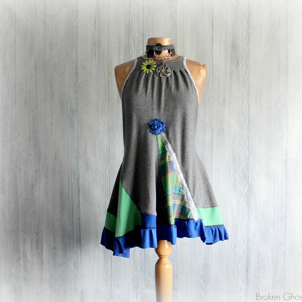 Grey Fit Flare Top Upcycled Boho Tank Lagenlook Clothing Upcycled Recycled Eco Chic Fashion Summer Clothes Bohemian Shirt Art Wear L/XL