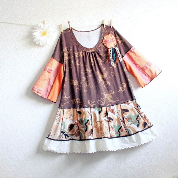 Brown Boho Dress 3X Plus Size Clothing Upcycled Clothes Orange Dragonfly Hippie Style A-Line Dress Fall Eco Fashion 'LEXIE'