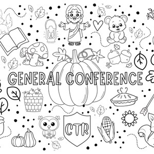 May include: Black and white line art illustration of a pumpkin, a book, a lantern, a pie, a squirrel, an owl, a fox, a bear, a sunflower, a jar of jam, a corn cob, a heart, leaves, acorns, and an arrow. The text "GENERAL CONFERENCE" is written in the center of the image.