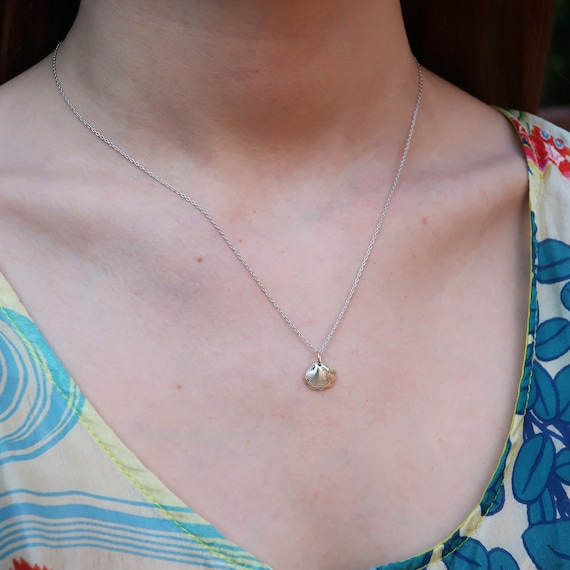 Tiny Solid Sterling Silver Clam Shell Charm Necklace-white Silver