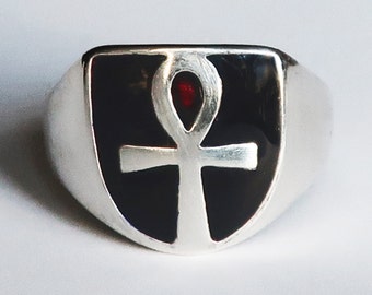 Sterling Silver, Purple/Black and Red Enameled Ankh Ring, Limited Edition,, US Size 8.25