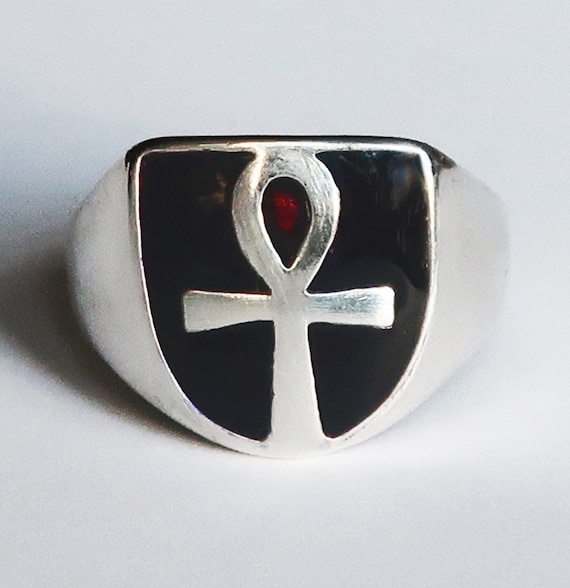 Sterling Silver, Deep Purple and Red Enameled Ankh Ring, Limited Edition, US Size 8.25