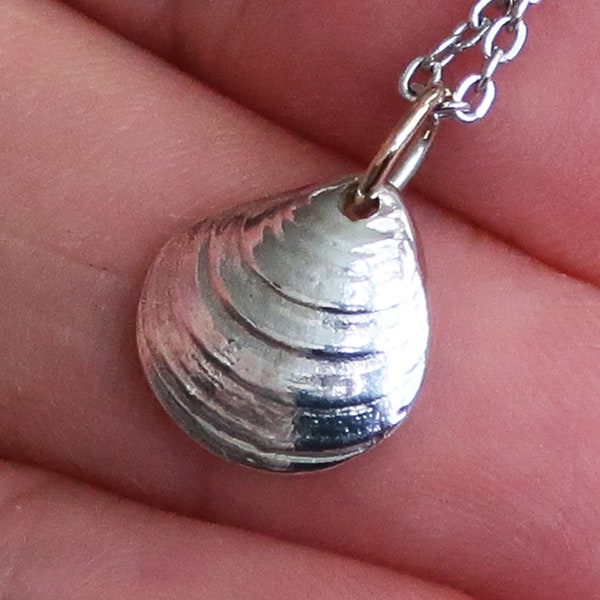 Small Robert Moses, Long Island Solid Sterling Silver Clam Shell Charm Necklace with Yellow Gold jump ring.