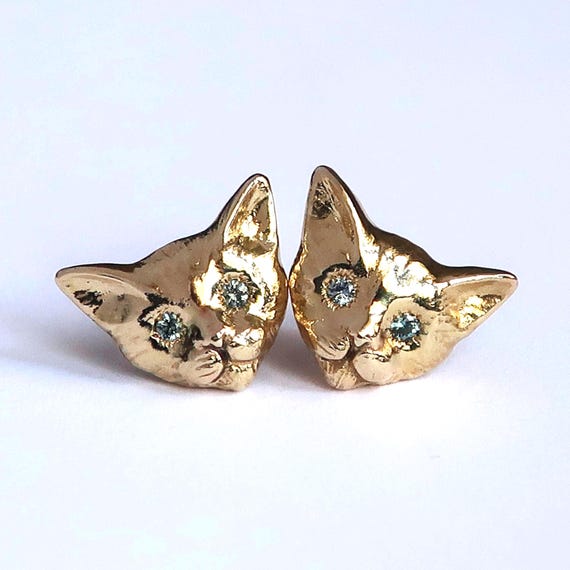 Kitty Stud Earrings, Gold Tone Brass & Aquamarine