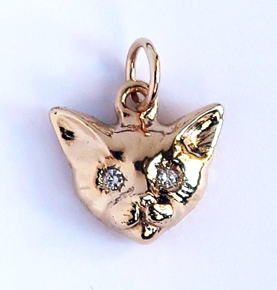 Gold Tone Cat Charm Brass with white CZ