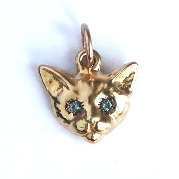 Gold Tone Cat Charm Brass with Aquamarine Eyes