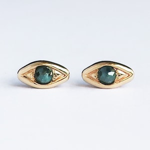 Solid Gold with Blue Diamond, Evil Eye Stud Earrings-Ready to Ship image 1