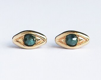 Solid Gold with Blue Diamond, Evil Eye Stud Earrings-Ready to Ship