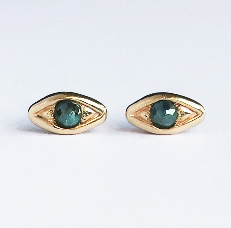 Solid Gold with Blue Diamond, Evil Eye Stud Earrings-Ready to Ship image 1