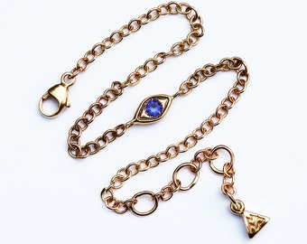 10k Yellow Gold and Blue Sapphire Evil Eye Bracelet-Medium width Chain