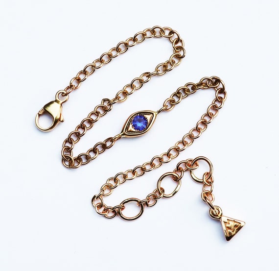 10k Yellow Gold and Blue Sapphire Evil Eye Bracelet-Medium width Chain