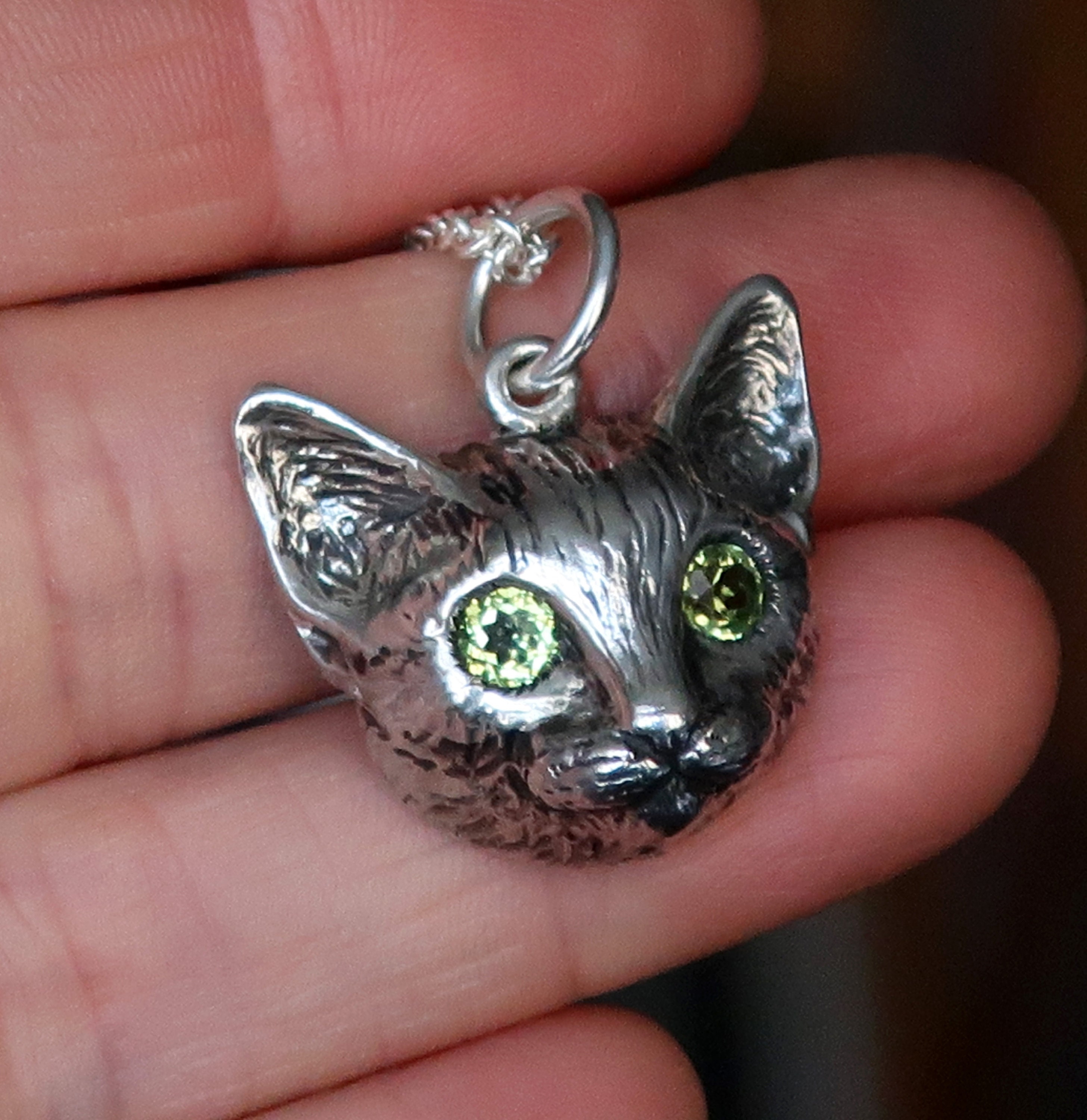 Sterling Silver Cat Charms / Pendants Green Eyed Cat