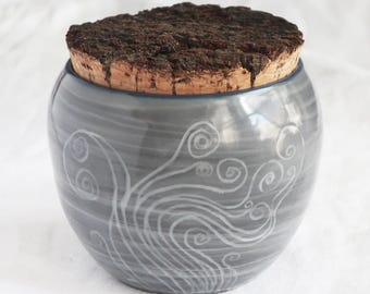 Curling Smoke, Grey & White Porcelain Vessel, hand-thrown and carved with underglaze, storm celadon, natural cork top option. One of a Kind