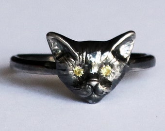 Ready to Ship-Black Sterling Silver Kitty Cat Ring with Yellow Sapphire Eyes. Size 7.5.