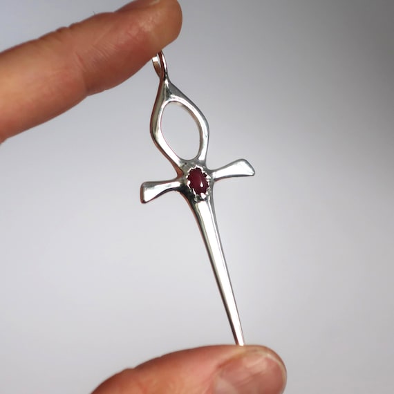Sterling Silver and Deep Red Ruby Ankh Dagger Pendant-Ready to Ship