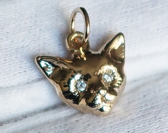 10k Yellow Gold Kitty Cat Charm with White Diamond Eyes