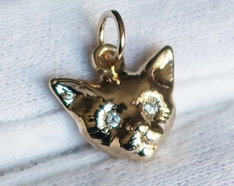 Ready to Ship-Small Size Yellow Gold Kitty Cat Charm with White Diamond Eyes