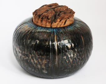 Iridescent Blue-Green Potion/Stash Jar with Cork-wheel thrown carved stoneware with gold luster